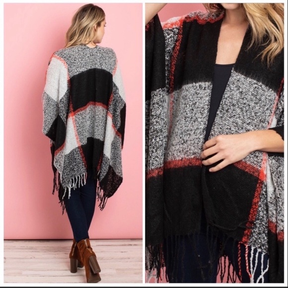 NEW‼️BLACK ORANGE CHECKERED PONCHO- poncho - Picture 2 of 2